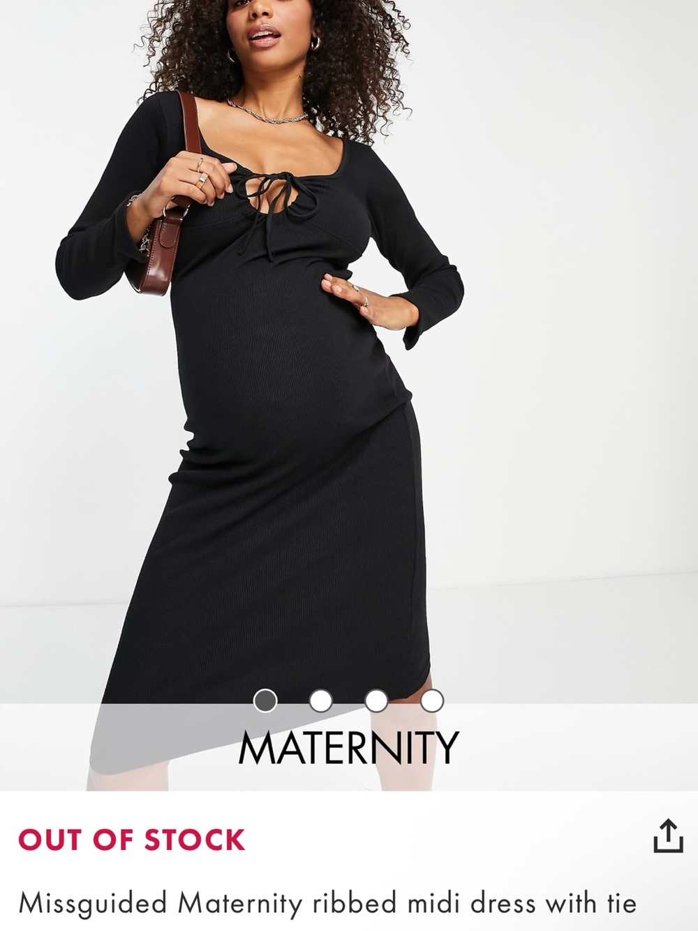 Missguided maternity ribbed Black Long-Sleeve Midi Dress with Front Tie size 6